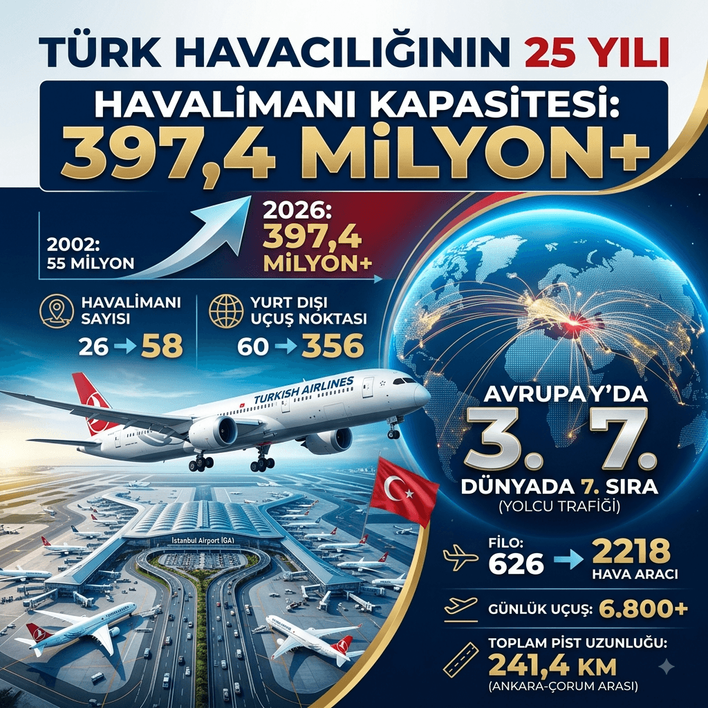 Türk Havacılığında 24 Yıllık Büyük Dönüşüm: Havalimanı Kapasitesi 397,4 Milyonu Aştı
