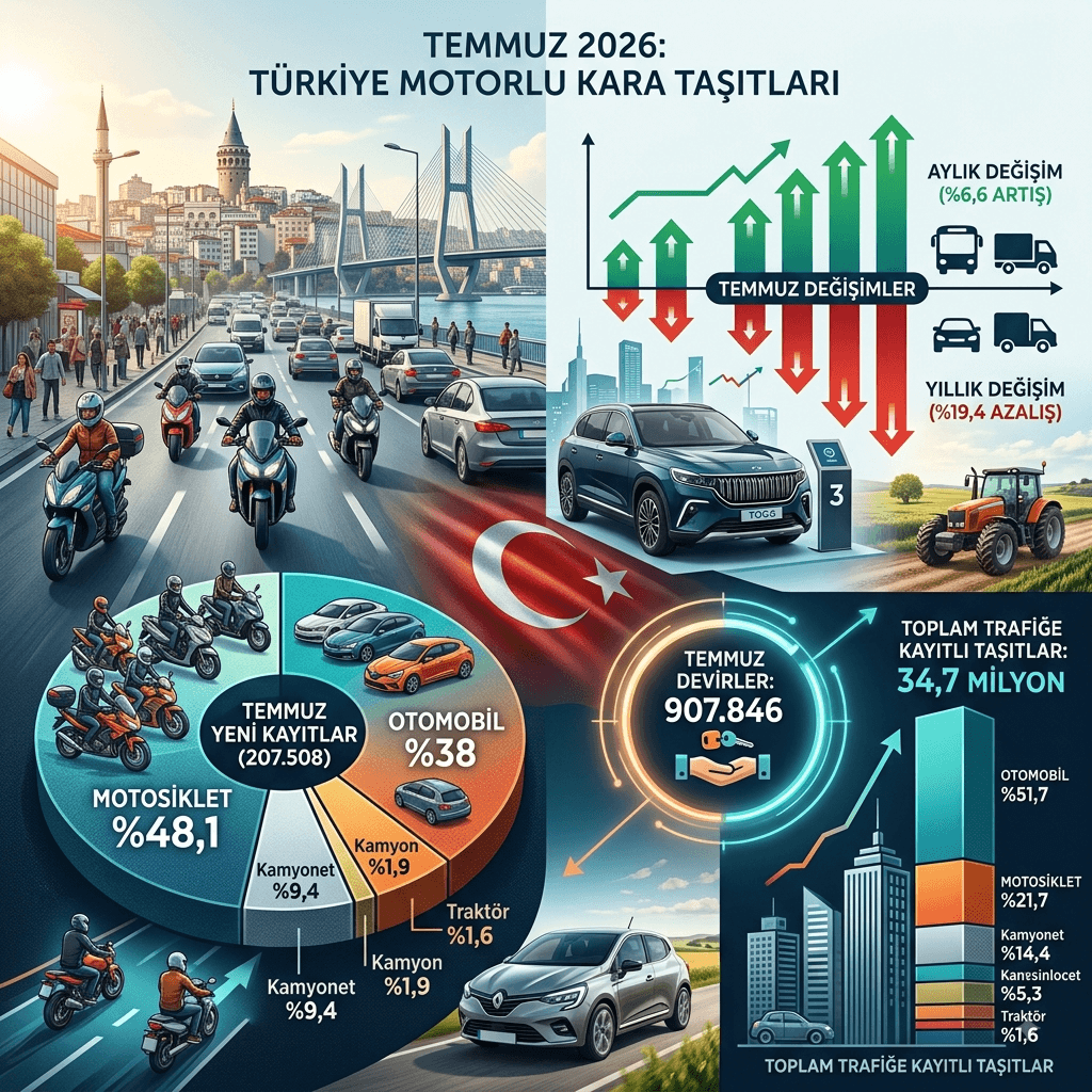Temmuzda 207 Bin 508 Taşıt Trafiğe Kaydedildi: Otomobil ve Motosiklet Verileri Dikkat Çekti