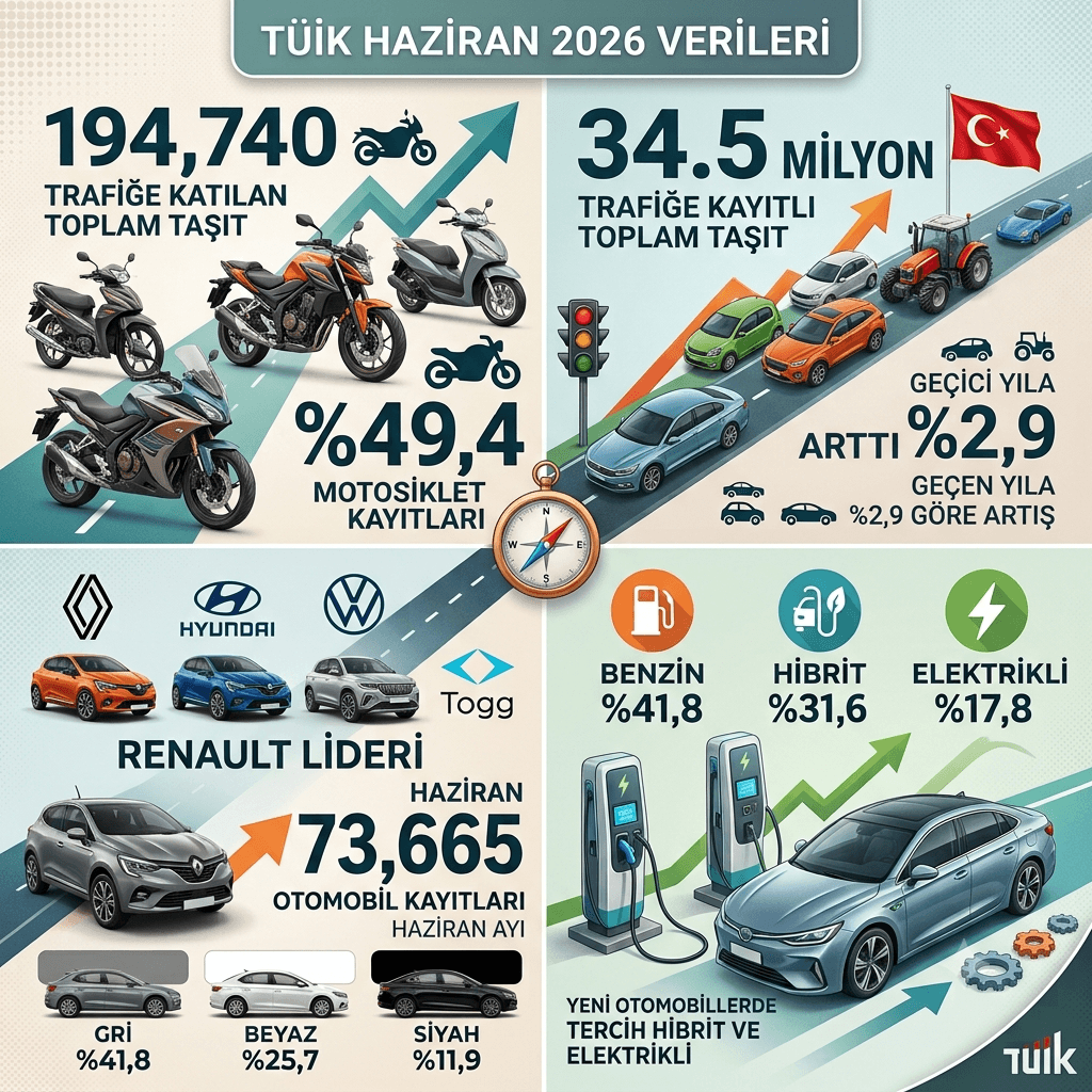TÜİK Açıkladı: Haziran'da 194 Bin 740 Yeni Araç Trafiğe Katıldı! Motosiklet İlk Sırada, Renault Zirvede