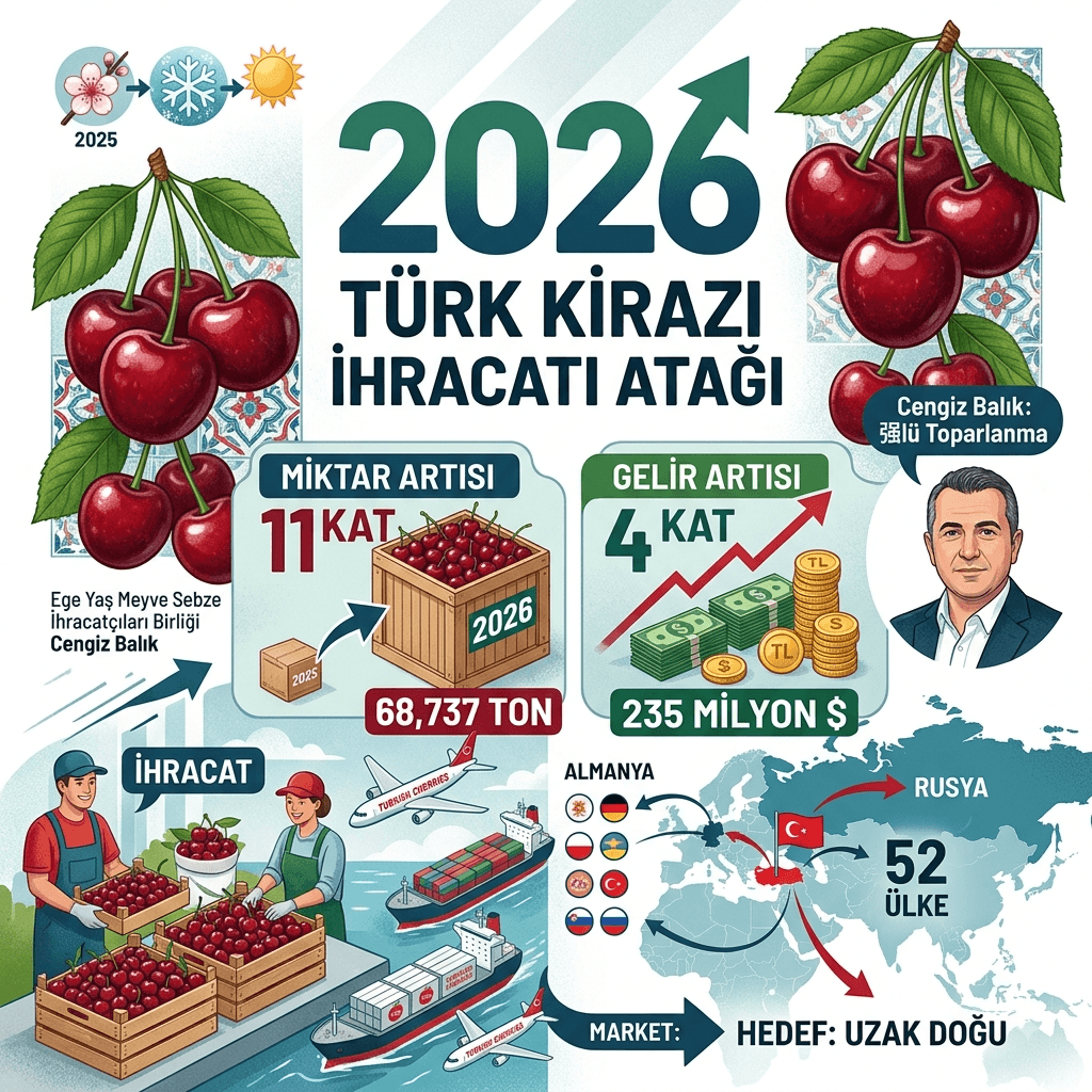 Kiraz ihracatı 11 kat arttı: Türkiye 2026’da 235 milyon dolar gelir elde etti