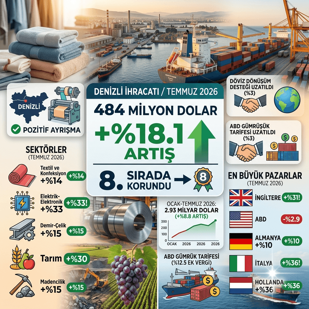 Denizli İhracatı Temmuzda Yüzde 18,1 Arttı: 484 Milyon Dolarla 2026'nın En Güçlü Performanslarından Biri