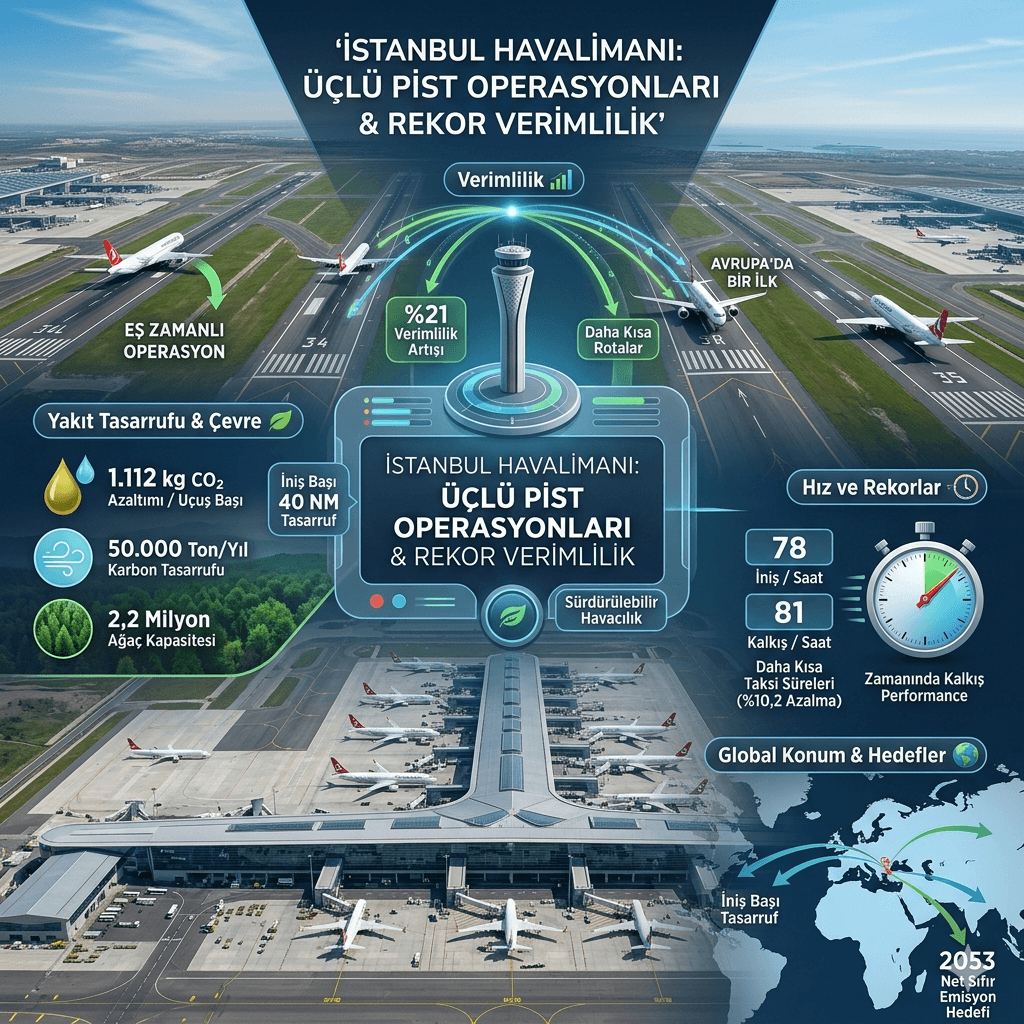 İstanbul Havalimanı’nda Tarihi Başarı: Üçlü Pist Operasyonlarıyla Rekor Verimlilik, Yakıt Tasarrufu ve 50 Bin Ton Karbon Azaltımı