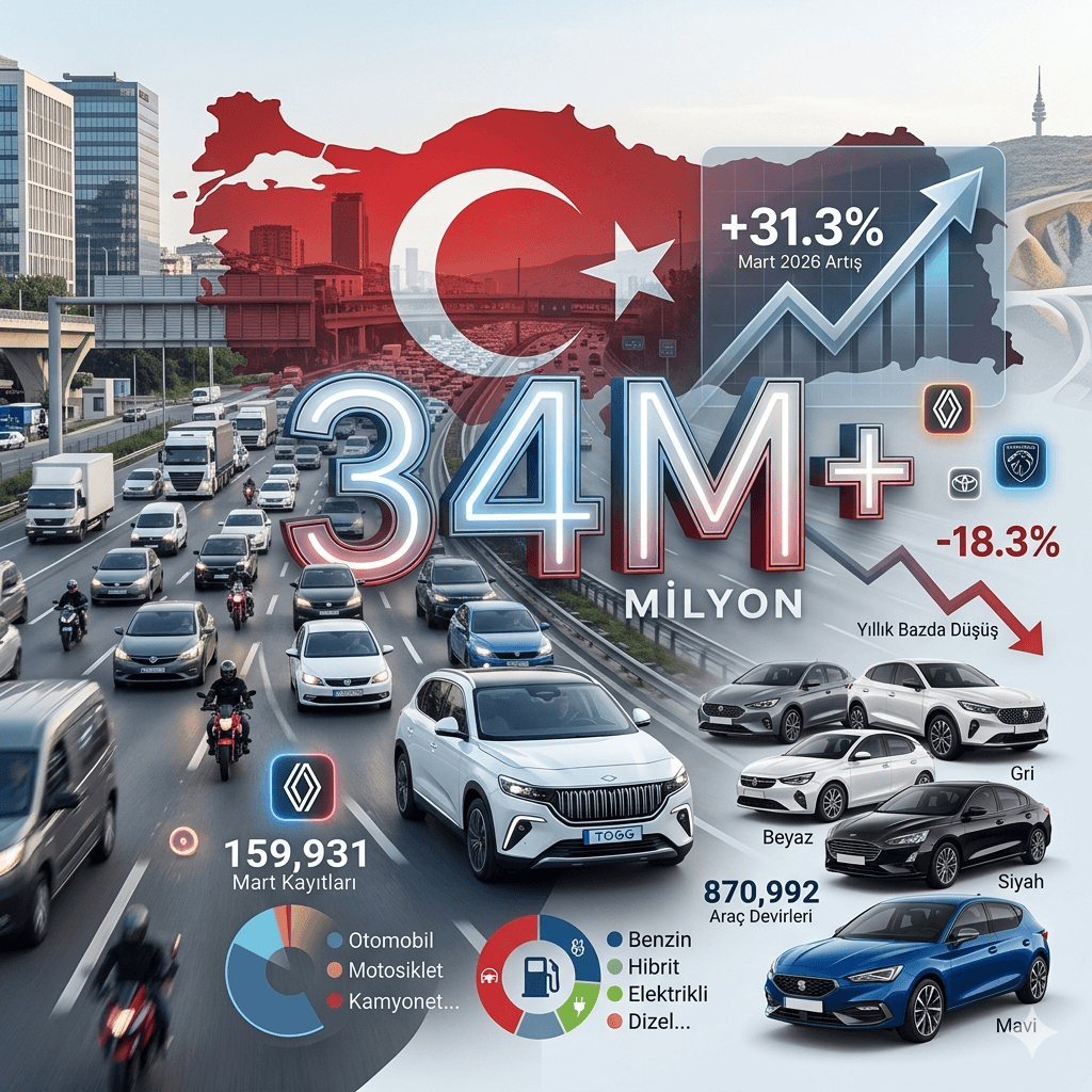 Mart 2026’da Trafiğe Kayıtlı Araç Sayısı 34 Milyonu Aştı! Otomobil ve Motosiklet Zirvede