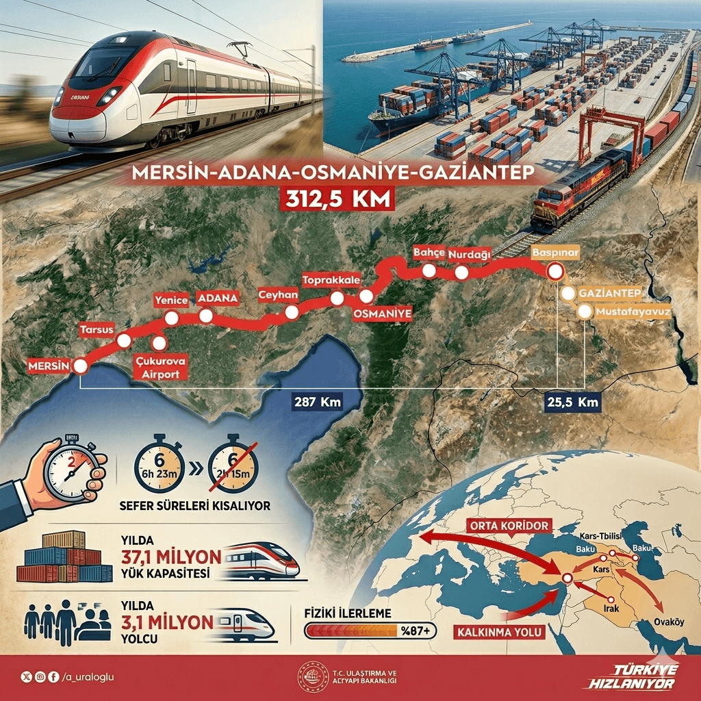 Mersin-Gaziantep Hızlı Tren Hattında Dev Adım! Seyahat Süresi 2 Saat 15 Dakikaya Düşecek, Mersin Limanları Orta Koridor’a Bağlanacak