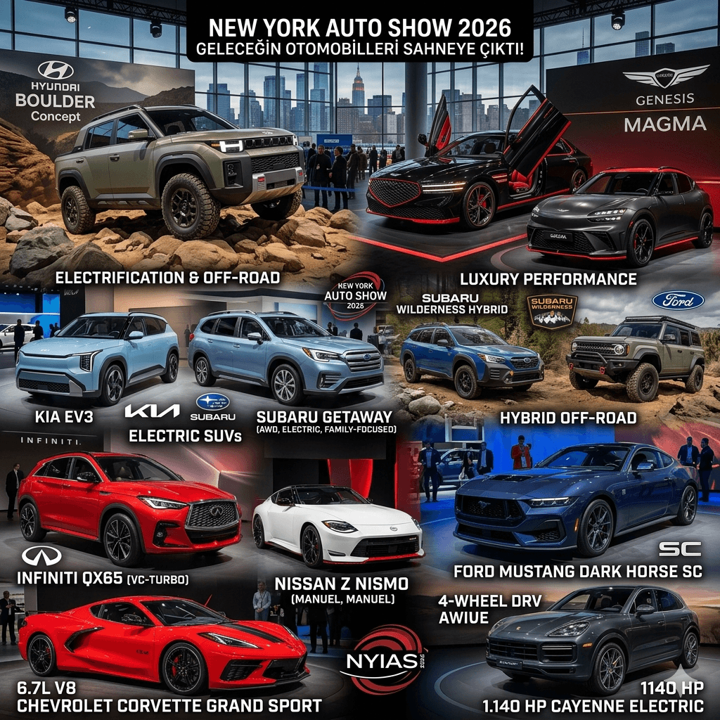 New York Otomobil Fuarı 2026’da Gelecek Sahneye Çıktı: Porsche Cayenne Electric, Kia EV3, Ford Mustang Dark Horse SC ve Daha Fazlası Tanıtıldı – Elektrikli SUV’lar, Performans Canavarları ve Konseptler Göz Kamaştırdı