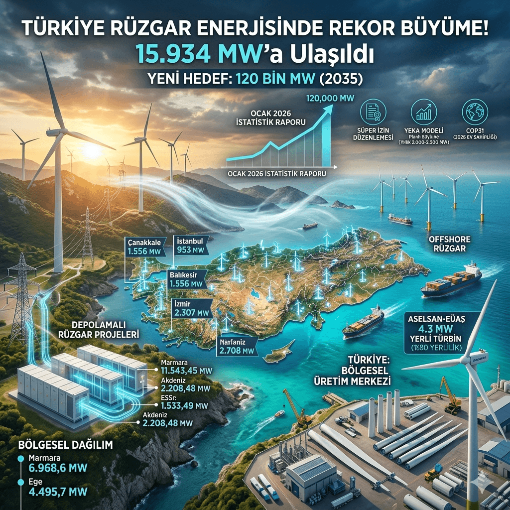 Sanayide Yeşil Dönüşüm Hızlandı! Türkiye Rüzgar Enerjisinde 15.934 MW’a Ulaştı, 2035 Hedefi 120 Bin MW
