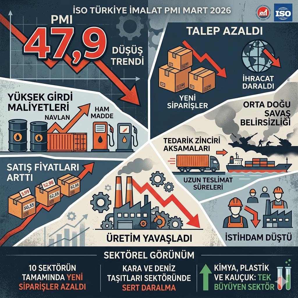 Türkiye İmalat Sanayinde Alarm Sinyali: İSO PMI Mart 2026’da 47,9’a Geriledi, Siparişler ve Üretimde Sert Yavaşlama