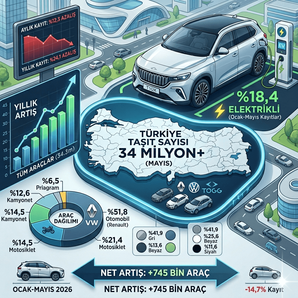 Türkiye’de Trafiğe Kayıtlı Araç Sayısı 34,3 Milyonu Aştı! Elektrikli Otomobillerde Rekor Yükseliş