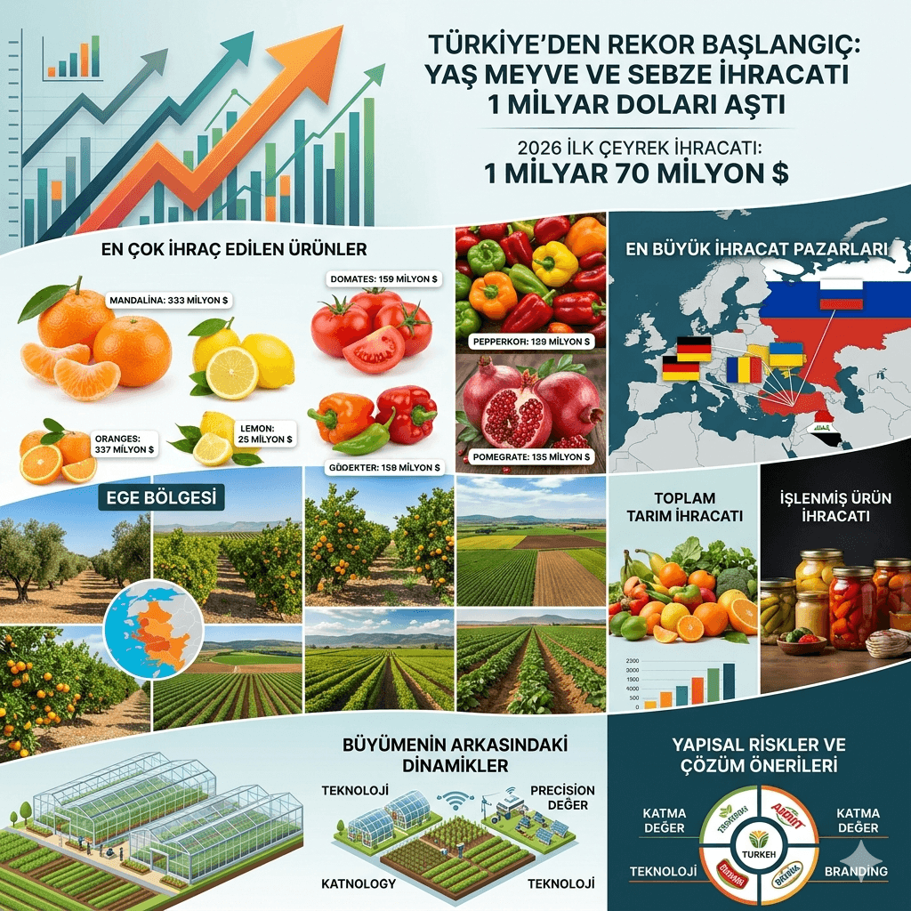 Türkiye’den Tarımda İlk Çeyrekte Rekor Sıçrama: Yaş Meyve Sebze İhracatı 1 Milyar Doları Aştı