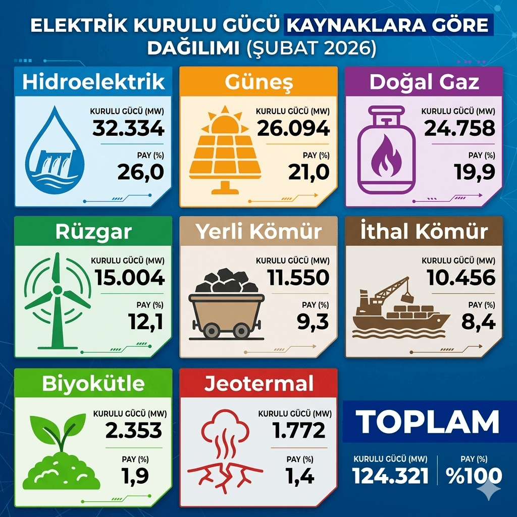 Türkiye’nin Elektrik Kurulu Gücü 124 Bin MW’ı Aştı: Yenilenebilir Enerjinin Payı %62,4’e Çıkarken Güneş ve Rüzgârda Büyük Sıçrama!