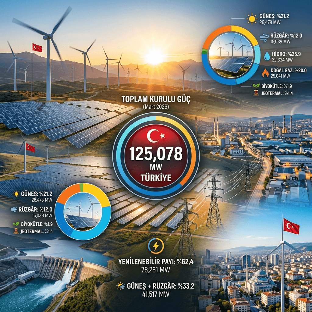 Türkiye’nin Elektrik Kurulu Gücü 125 Bin MW’ı Aştı: Yenilenebilirde %62 Pay, Güneş Enerjisi Zirveye Yürüyor