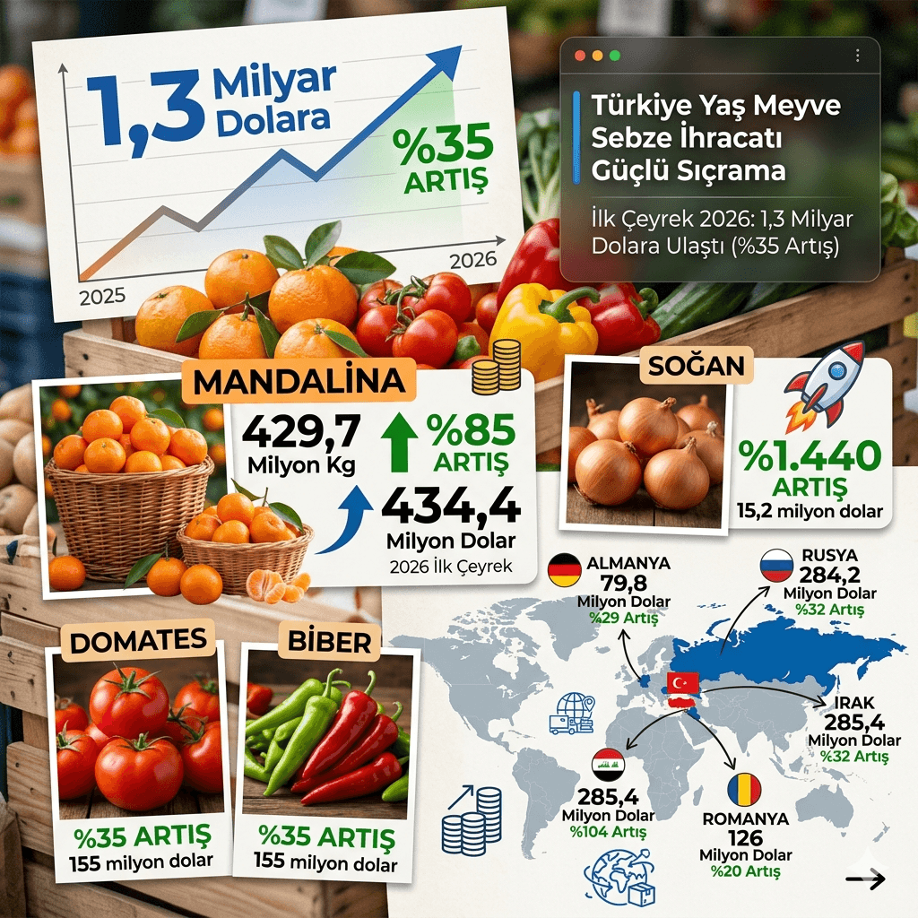 Türkiye’nin Yaş Meyve Sebze İhracatı %35 Arttı: 1,3 Milyar Dolarla Rekor Başlangıç, Mandalina Zirvede!